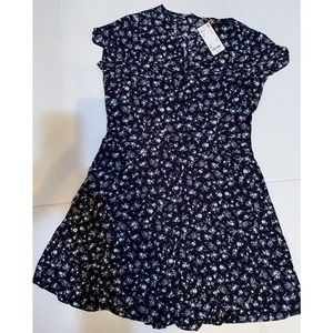 Uniqlo Women Navy Blue Printed V Neck Short Sleeve Flare Dress Sz M Flower NWT